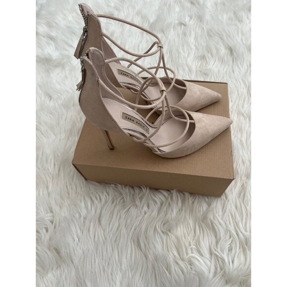 Zara Basic Sand T-Strap Suede High Heels - Picture 3 of 6